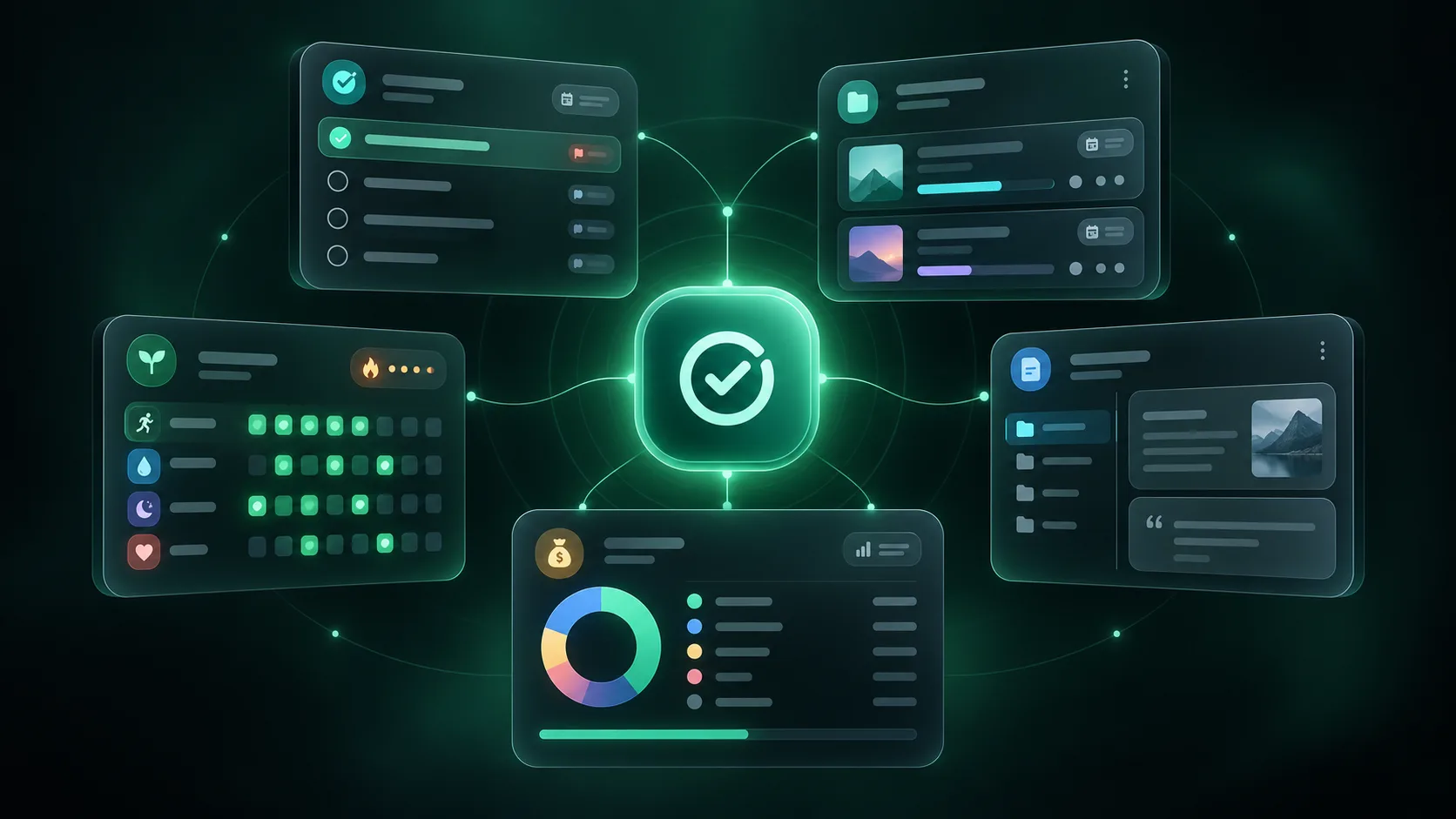 TodoDay as a Personal Life OS: five connected modules around a central logo